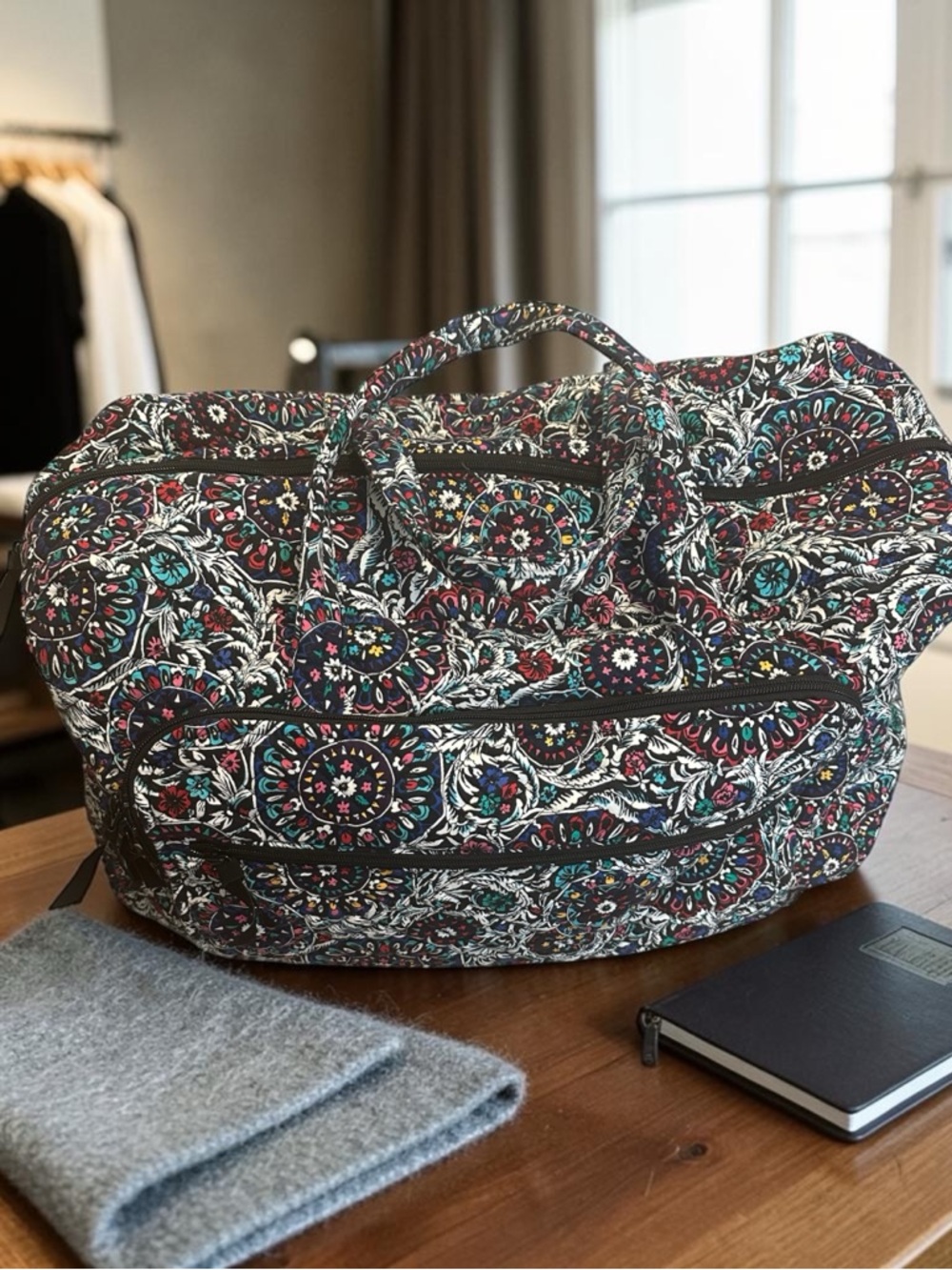 Vera Bradley Quilted Duffel Bag - Black with Teal & Pink Accents